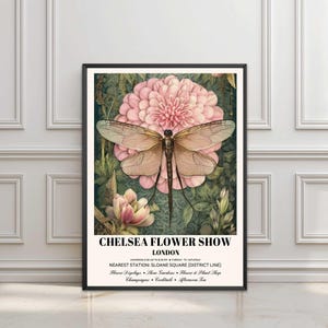 Flower Market Print, Pink Floral Prints, William Morris Print, Dragonfly Wall Art, London Flower Market, Chelsea Flower Show, London Print