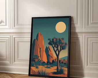 Mid Century Desert  Print, Southwestern Poster, Earth Tones Nature Landscape Print, Joshua Tree Moon Night Scene Art, Western Artwork
