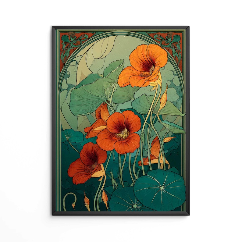 K&ouml;nnte beinhalten: Gerahmter Kunstdruck im Jugendstil mit leuchtend orangefarbenen Kapuzinerkressebl&uuml;ten und gro&szlig;en gr&uuml;nen Bl&auml;ttern. Das Kunstwerk hat einen t&uuml;rkis- und hellgr&uuml;nen Hintergrund mit einem bogenf&ouml;rmigen Design und einem dunklen Rahmen. Die Blumen sind der Mittelpunkt des Kunstwerks.