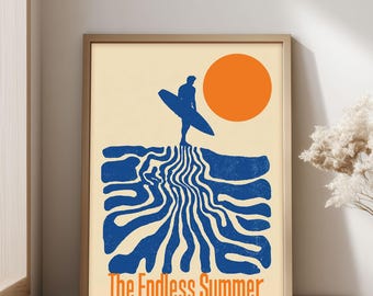 Poster di surf "The Endless Summer", licenza ufficiale di un film vintage sul surf, illustrazione di surfista di metà secolo, decorazione retrò con surfisti californiani.