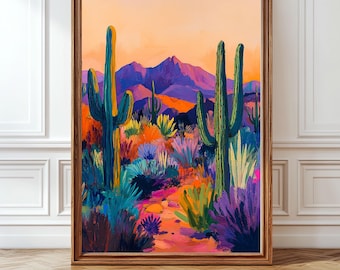 Southwestern Landscape Wall Art Print, Colorful Saguaro Cactus Desert Poster, Mountain Desert Art