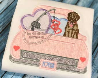 Love fishing Truck with labrador & hearts applique embroidery design