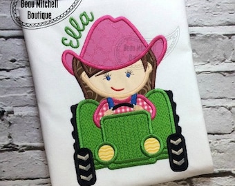 Farm girl tractor applique embroidery design