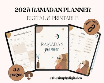 Könnte beinhalten: Digitaler und druckbarer Ramadan-Planer 2025, angezeigt auf drei Tablets. Der Planer hat ein beige-braunes Farbschema mit dem Text "Ramadan Planner" und "Digital & Printable". Enthält 55 Seiten und ist hyperverlinkt.