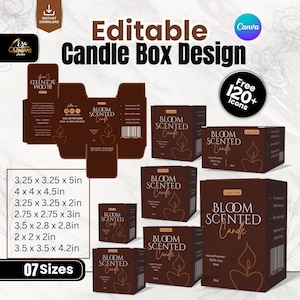 Könnte beinhalten: Ein braunes Kerzenbox-Design mit dem Text "Editable Candle Box Design" und "Bloom Scented Candle". Das Bild zeigt verschiedene Boxgrößen, darunter 8,26 x 8,26 x 12,7 cm und 10,16 x 10,16 x 11,43 cm. Das Design enthält ein Logo und kostenlose Icons.