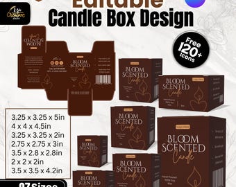 Puede incluir: Un diseño de caja de velas marrón con el texto "Editable Candle Box Design" y "Bloom Scented Candle". La imagen muestra varios tamaños de caja, incluyendo 8,26 x 8,26 x 12,7 cm y 10,16 x 10,16 x 11,43 cm. El diseño incluye un logotipo e iconos gratuitos.