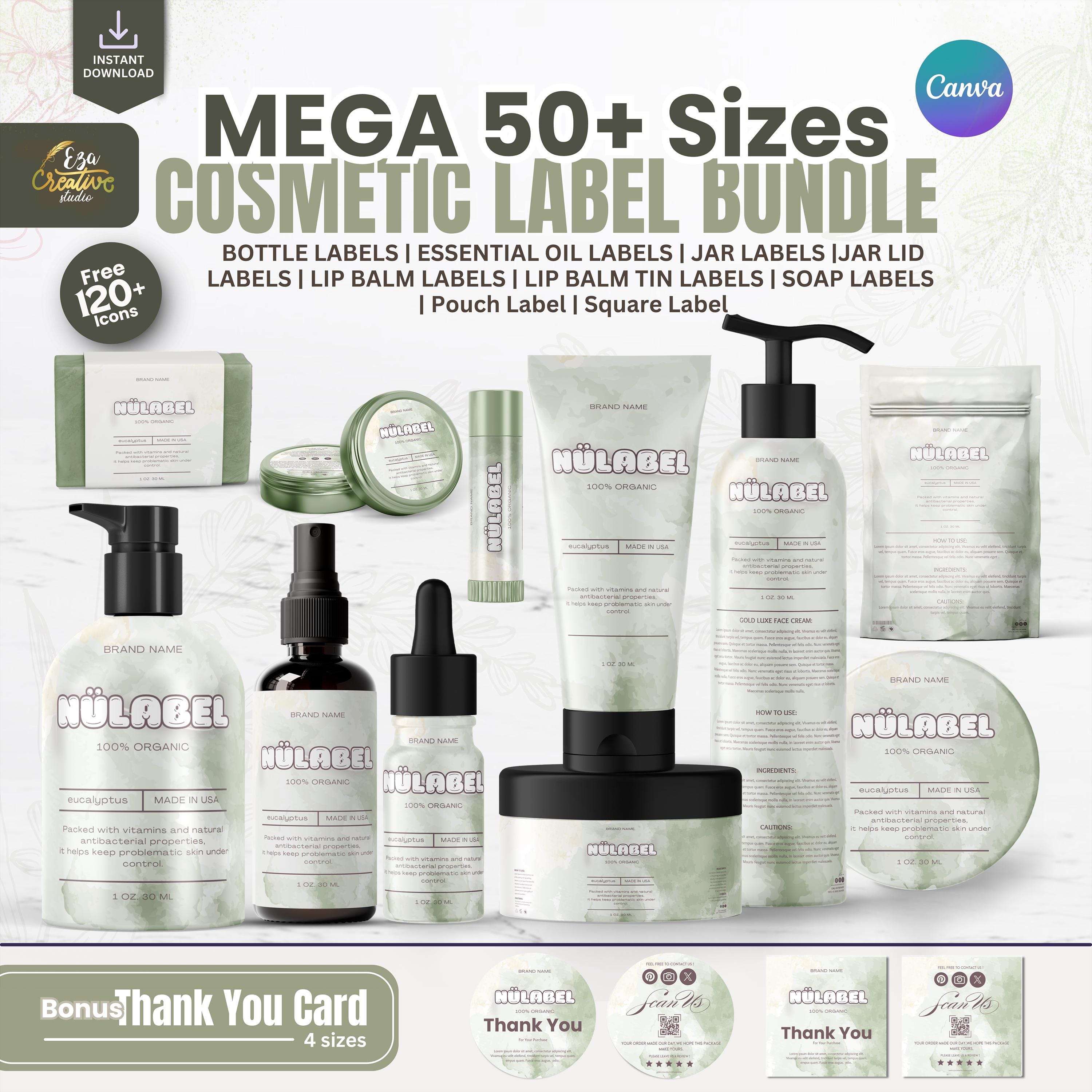 Editable Cosmetic Green Skincare Label Bundle for Small Business, Custom Body Product Label, DIY Skincare Label, Beauty Sticker Design, Jar