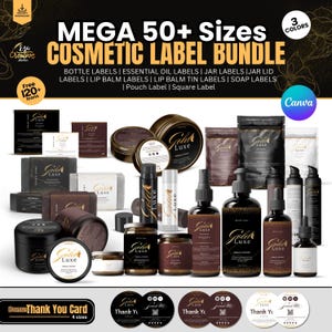 Bearbeitbares Kosmetik-Mega-Bundle-Etikettendesign, benutzerdefinierte Beauty-Körperproduktetikettenvorlage, DIY-Hautpflegeetiketten, Flaschen- und Glasetiketten, ThankYouCard