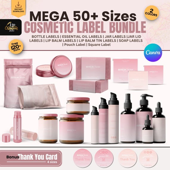 Editable Cosmetic Mega Bundle Label Design Canva, 50+ Custom Skincare Beauty Body Product Label Sizes, Bottle, Soap, Jar Label, ThankYouCard