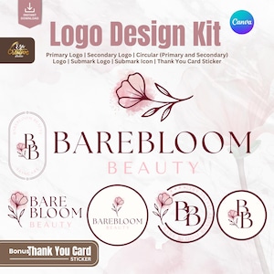 Kit de diseño de logotipos personalizados prediseñados para el cuidado de la piel femenino, paquete de logotipos de belleza minimalistas DIY, conjunto de logotipos editables de Canva, submarca, pegatina de agradecimiento