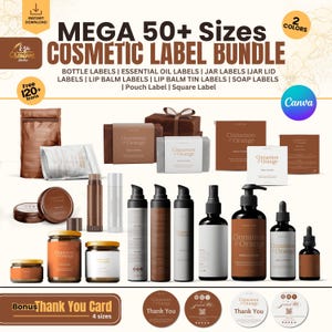 Design dell'etichetta Mega Bundle Cosmetico modificabile, modello di etichetta per prodotti di bellezza per il corpo personalizzato, etichetta fai da te per la cura della pelle, etichetta per bottiglie e barattoli, ThankYouCard