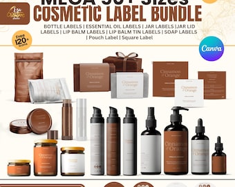 Editable Cosmetic Mega Bundle Label Design, Custom Beauty Body Product Label Template, DIY Skincare Label, Bottle & Jar Label, ThankYouCard
