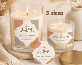 Sunday Morning Candle Label Template, Minimal Soy Candle Sticker, Printable Canva Editable