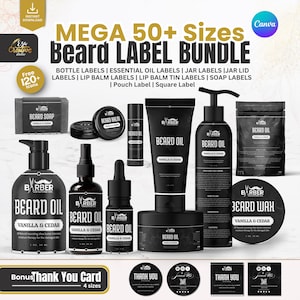 May include: A collection of black beard care products, including beard oil, balm, wax, and soap, with labels that read "Vanilla & Cedar." The image also includes labels for essential oils, jar lids, lip balm, and a bonus thank you card.