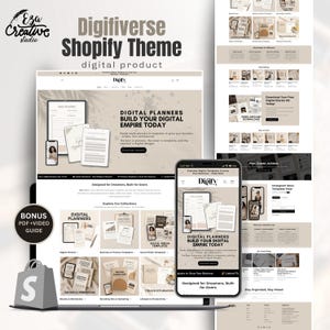 May include: A website design for a Shopify theme called "Digifiverse." The design includes a laptop, tablet, and phone displaying the theme's features. The theme is for digital planners and includes the text "Build Your Digital Empire Today."