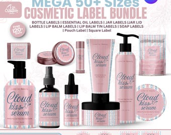 Editable Cosmetic Label Templates | Pastel Cloud Kiss Serum Branding Kit (Canva)