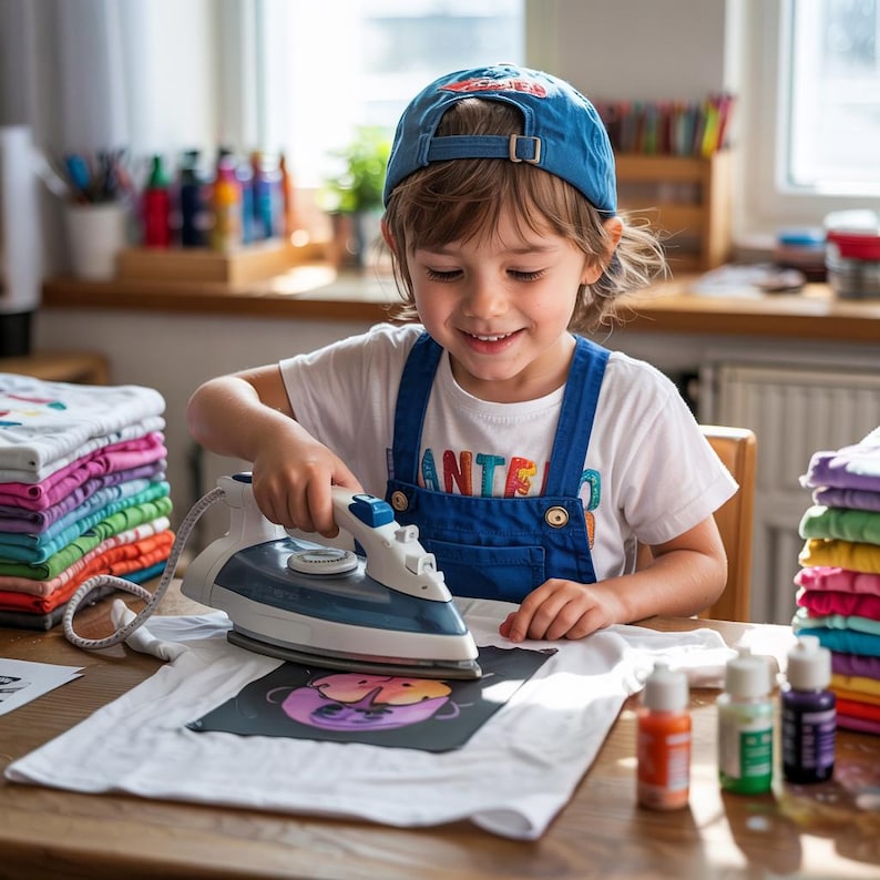May include: A child wearing a blue baseball cap and overalls is ironing a white t-shirt with a colorful design. The t-shirt is on a table with bottles of paint.