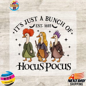 May include: A DTF transfer featuring three cartoon geese dressed as witches, with the text "IT'S JUST A BUNCH OF HOCUS POCUS EST. 1693". The geese are in green, brown, and purple outfits, holding a broom and candle.