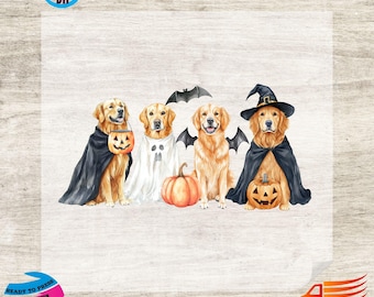 Op de afbeelding: Een aquarel afbeelding met vier golden retrievers verkleed voor Halloween. Eén draagt een zwarte cape en een pompoen-lantaarn, een ander heeft een spookkostuum, een derde heeft vleermuisvleugels en de laatste draagt een heksenhoed en cape.