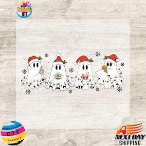 May include: A white graphic featuring four cartoon ghosts wearing Santa hats and decorated with Christmas lights and snowflakes. Each ghost holds a different holiday item: a Christmas tree, a snow globe, a mug of cocoa, and a gingerbread man.