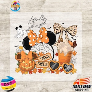 May include: A Halloween-themed graphic featuring Minnie Mouse ears with an orange polka dot bow, a pumpkin, and a ghost. The image includes the text "Literally just a girl" and a pumpkin spice latte. Also included are heart-shaped sunglasses.