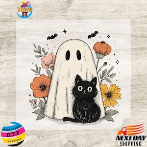 May include: A Halloween-themed DTF transfer featuring a black cat sitting in front of a ghost. The ghost has two black eyes and is surrounded by orange and pink flowers, bats, and stars. The words "Transfer DTF" are visible.