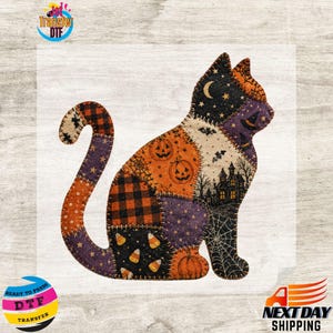 May include: A patchwork-style cat graphic featuring various Halloween patterns including orange pumpkins, black and orange plaid, purple stars, spider webs, bats, a crescent moon, candy corn, and a dark silhouette of a haunted house.