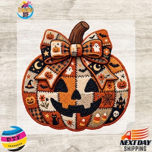 May include: A pumpkin-shaped patch featuring a patchwork design with orange, black, and cream colors. The design includes motifs of ghosts, bats, cats, skulls, spiders, and a large bow on top. The texture appears raised and stitched throughout.