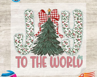 May include: A Christmas-themed graphic with the word "JOY" in a floral pattern, a green Christmas tree, and the phrase "TO THE WORLD" in red plaid. A red plaid bow and a gold star adorn the tree. The design is ready to press.
