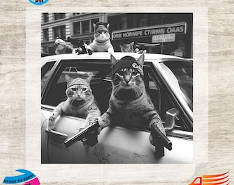 May include: Black and white image of cats in a car, wearing bandanas and holding guns. The image has a gangster theme, with cats in a car and text that says "ORN HORMPE CTIRMN OAAS".