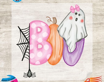 Op de afbeelding: Een Halloween-thema grafisch ontwerp met het woord "BOO" in roze, oranje en paars. De "B" wordt gedeeltelijk bedekt door een zwart spinnenweb en spin. Een spook met een roze strik staat op de "O".