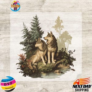 May include: A detailed illustration of two wolves in a forest setting. One wolf is seated, the other is standing, both with attentive expressions. The image includes evergreen trees, foliage, and the text "Transfer DTF".
