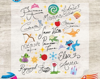 May include: A DTF (Direct to Film) transfer sheet with Disney princess names and icons. Names include Aurora, Moana, Ariel, Cinderella, Snow White, Jasmine, Merida, Tiana, Elsa, and Anna. The sheet has a transparent background, ready for heat transfer.