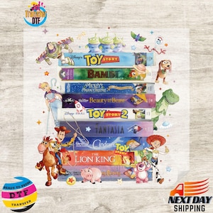 May include: A stack of colorful VHS tapes featuring Disney movie titles like "Toy Story," "Bambi," and "The Lion King." The image includes cartoon characters such as Buzz Lightyear, Woody, and Rex, with a "Next Day Shipping" graphic.