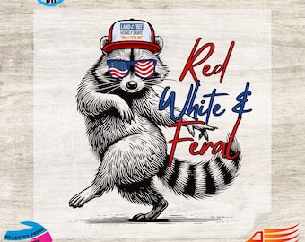 May include: A black and white illustration of a raccoon wearing sunglasses with an American flag design and a red hat. The text "Red White & Feral" is written in red and blue.
