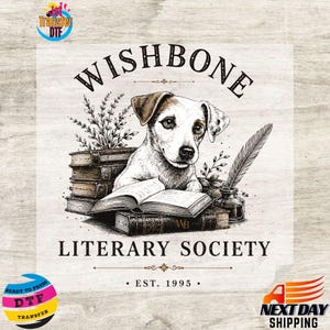 May include: A graphic design featuring a Jack Russell Terrier dog resting its paws on a stack of books with an open book in front. The text reads WISHBONE LITERARY SOCIETY EST. 1995. A quill pen in an inkwell and sprigs of lavender are visible.