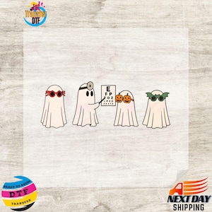 May include: A graphic design featuring four white ghosts. The first wears red spider-shaped glasses. The second wears a head mirror and holds a pointer to an eye chart with the letters E, FP, TOZ, LPED, FOEFD. The third wears pumpkin glasses. The fourth wears green bat-shaped glasses.