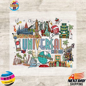 May include: A colorful graphic transfer featuring the text UNIVERSAL STUDIOS, surrounded by illustrations of iconic theme park landmarks, including a castle, a globe, a dinosaur, palm trees, a roller coaster, and various cartoon characters.