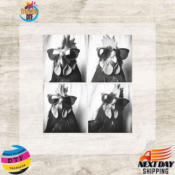 Photobooth Chicken DTF Transfer: Funny Rooster with Sunglasses