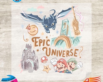 May include: A colourful DTF transfer featuring a cartoon dragon, a castle, and the text "Epic Universe." The design also includes Mario and Luigi, a wand, and other whimsical elements. Ready to press.