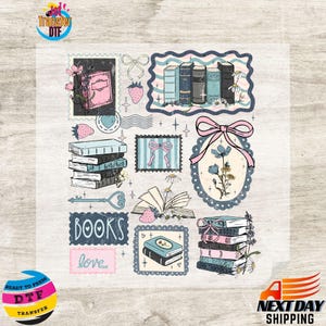 May include: A collection of book-themed illustrations in a collage style. The design includes stacks of books, floral accents, bows, and the word "BOOKS". The color palette features pink, blue, and cream tones, with a vintage aesthetic.