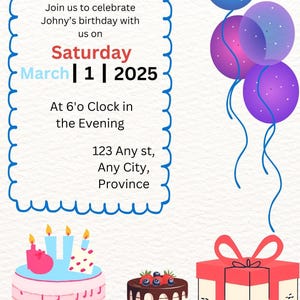 BEAU modèle d'INVITATION D'ANNIVERSAIRE à l'aide de canva, invitation facile à modifier avec des ballons et des cadeaux, modèle de carte d'invitation d'anniversaire