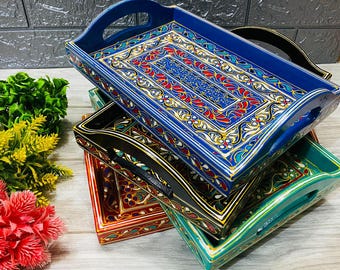 Fine Hand Painted Truck Art Wooden Tea Serving Tray, Tea Coffee Food Platter Home, Decorative Truck Art  Serving Tray Handle 12 x 8 inches