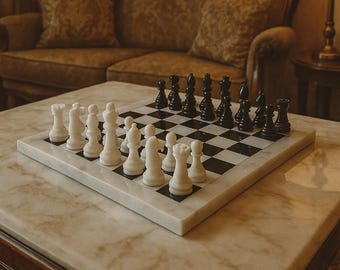 Può includere: Una scacchiera in marmo con pezzi bianchi e neri disposti su una scacchiera. La scacchiera è appoggiata su un tavolo di marmo, con un divano vintage sullo sfondo. I pezzi degli scacchi sono bianchi e neri.