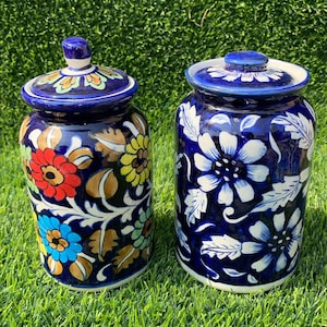 Handmade Ceramics Jar Pakistani Blue Pottery Jar Traditional Vase Ceramic Art Decorative Lidded Storage Container Handcrafted Multani Design