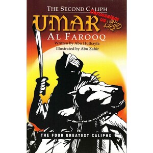 Puede incluir: Portada de libro con la silueta de una figura a caballo sosteniendo una espada. El título es "UMAR AL FAROOQ" y "The Second Caliph". El fondo es un degradado de amarillo a naranja. Incluye texto del autor y el ilustrador.