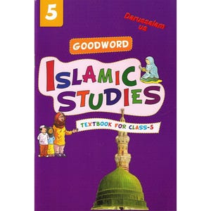 May include: A textbook cover for Islamic Studies, featuring the title in colorful letters against a purple background. The cover includes illustrations of people and a mosque, with the number 5 in a yellow box. The text reads "Textbook for Class-5".