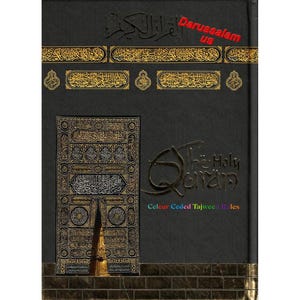 May include: A black book cover featuring gold Arabic calligraphy and ornate designs. The title "The Holy Quran" is embossed in a stylized font. The text "Colour Coded Tajweed Rules" is also visible.