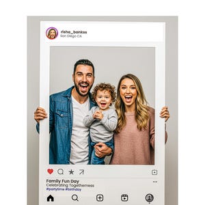May include: A family of three poses for a photo inside a white Instagram-style frame. The frame includes the profile picture of risha_bankss, and the text "Family Fun Day Celebrating Togetherness #partytime #birthday". The family is smiling and laughing.