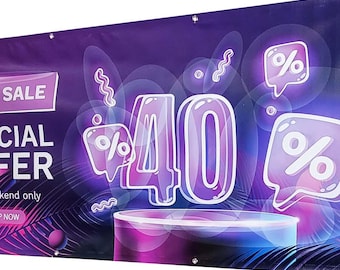 May include: A purple banner with the words "MEGA SALE SPECIAL OFFER" and "this weekend only". It features a large "40%" graphic on a stage, with speech bubbles and abstract shapes. The banner has grommets for hanging.